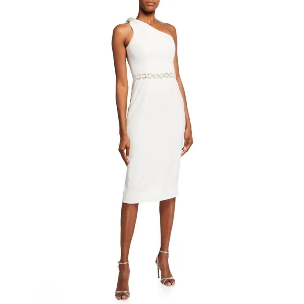 Dress the Population One-Shoulder White Midi Dress with Embellished Waist